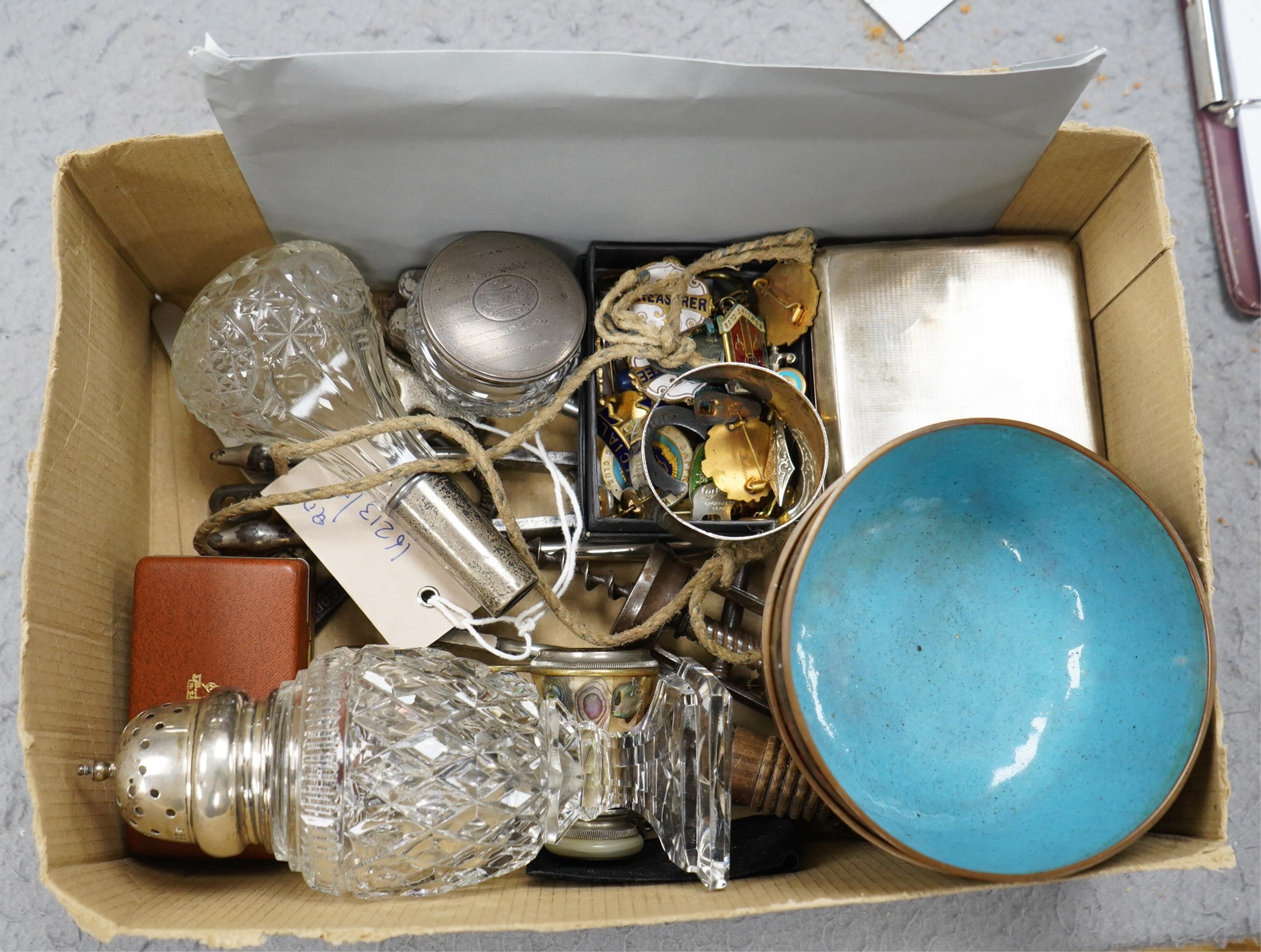 A quantity of assorted collectables to include some small silver, enamel badges and two cloisonné bowls, Condition - poor to fair